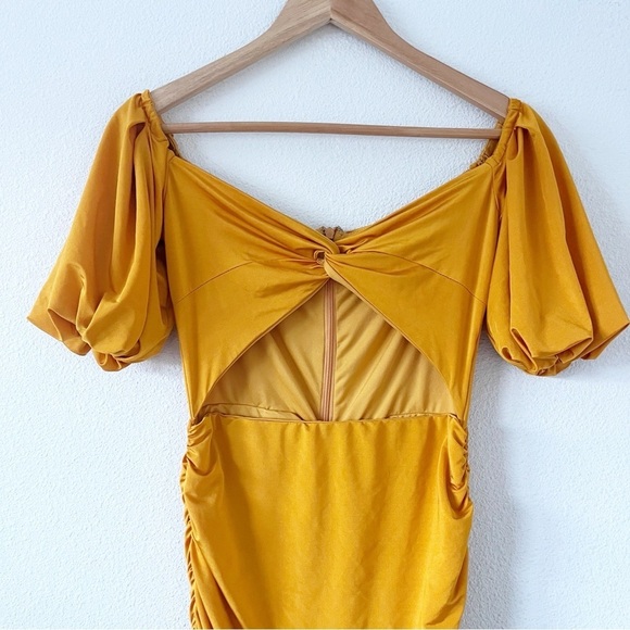 Elle Zeitoune Naira Ruched Off Shoulder Formal in Marigold Gold Midi Dress - Picture 3 of 10